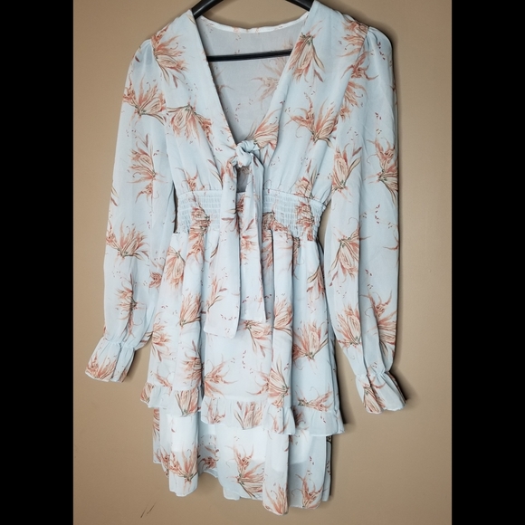 Blue floral chiffon long sleeve smocked waist tie bust tiered ruffle mini dress - Picture 6 of 8